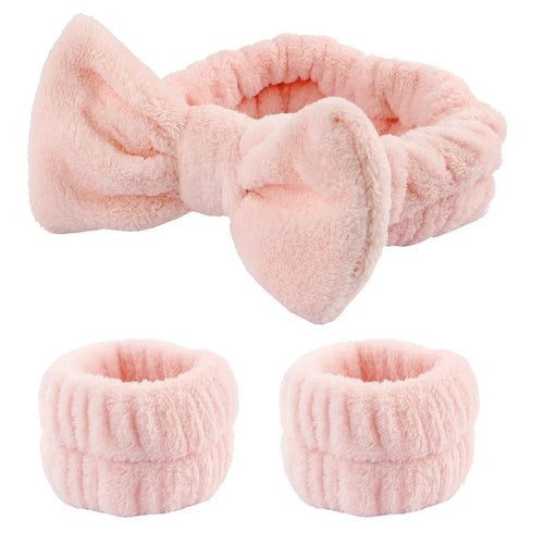 3Pcs Bow Headband Wristband Set Towel Elastic Soft Washing Face Shower