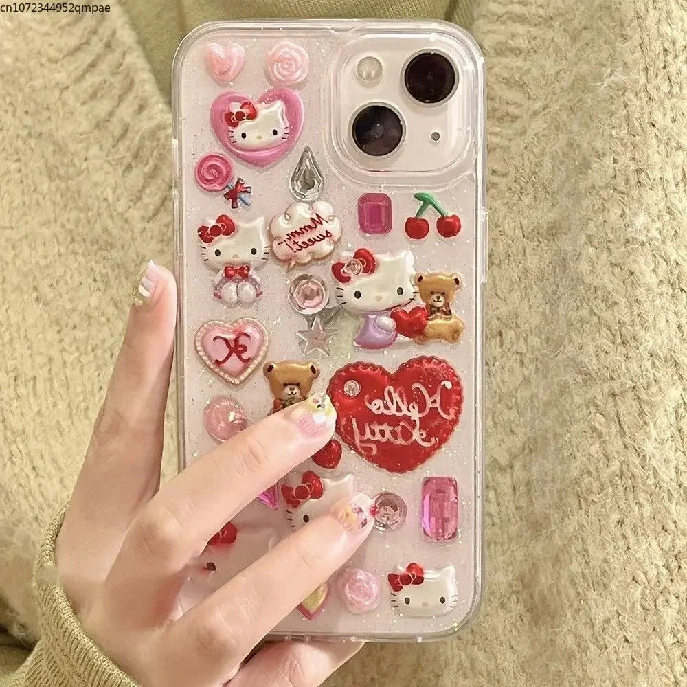 3D Sanrio Hello Kitty Sticker Glitter Phone Case for IPhone 16 11 12