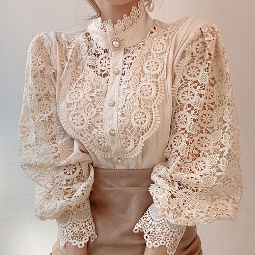 Fashion Long Sleeve Women Blouse Hollow Out Lace Blouse Shirt Tops