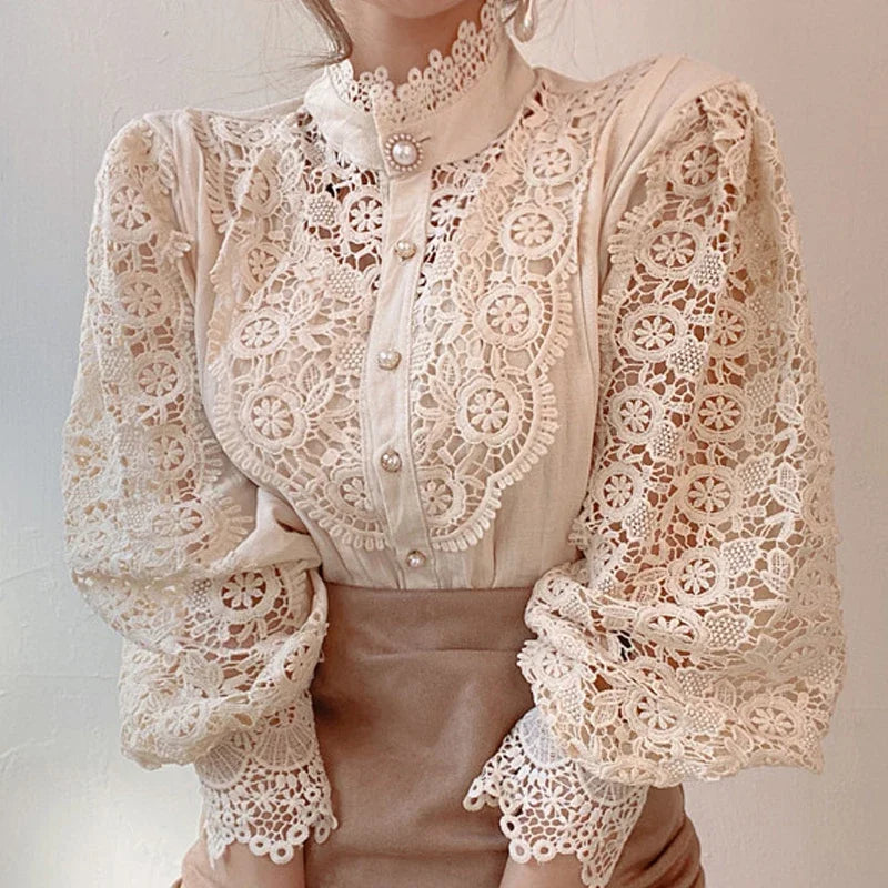 Fashion Long Sleeve Women Blouse Hollow Out Lace Blouse Shirt Tops