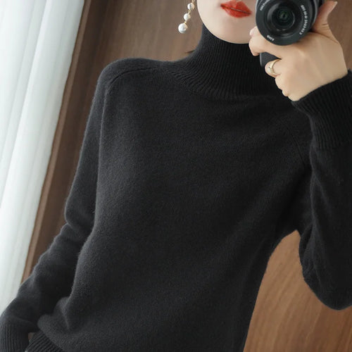 Fashion Basic Autumn Winter  Merino Wool Sweater Mock Neck Cashmere