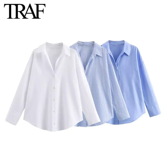 TRAF Women Fashion Spring Cotton Oxford Long Sleeve Single-breasted