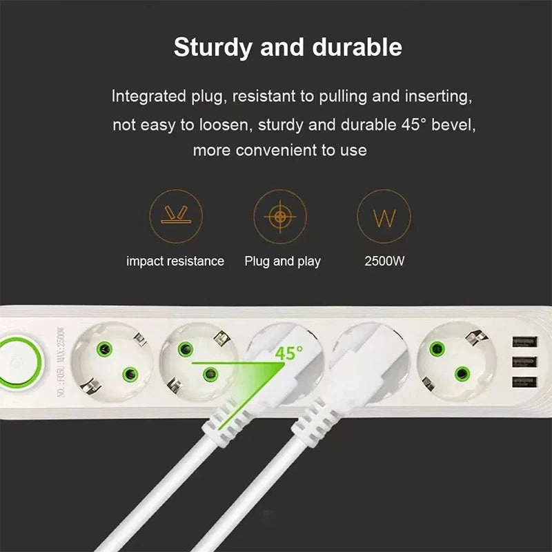2500W EU Plug AC Outlet Multiprise Power Strip 2M Extension Cord