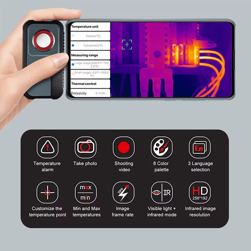Thermal Camera 256*192 Pixels Android Type C Mobile Phone -20°C~550°C