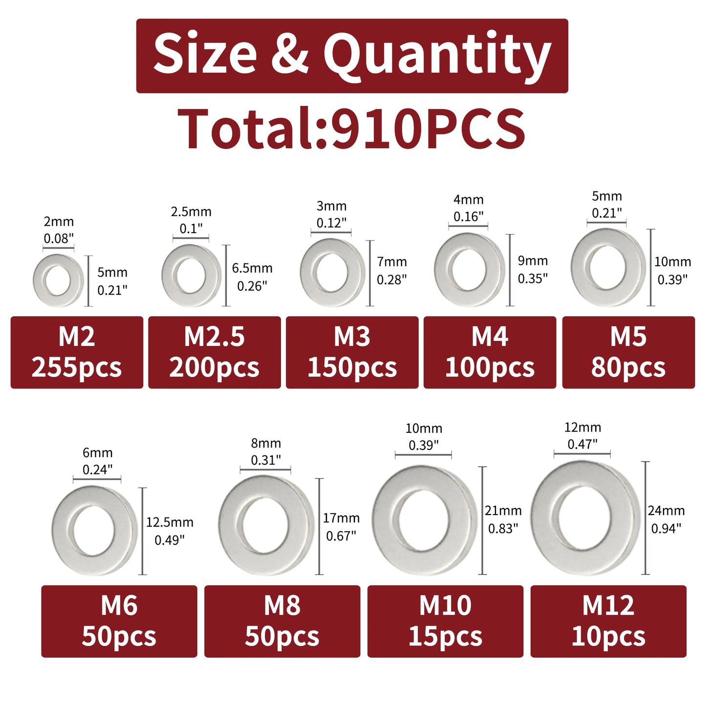 910/200pcs 304 Stainless Steel Flat Washers Assortment Kit (M2 M2.5 M3