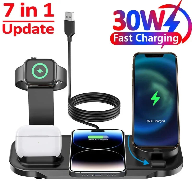 7 in 1 30W Rotate Wireless Charger Stand Pad For iPhone Samsung Xiaomi