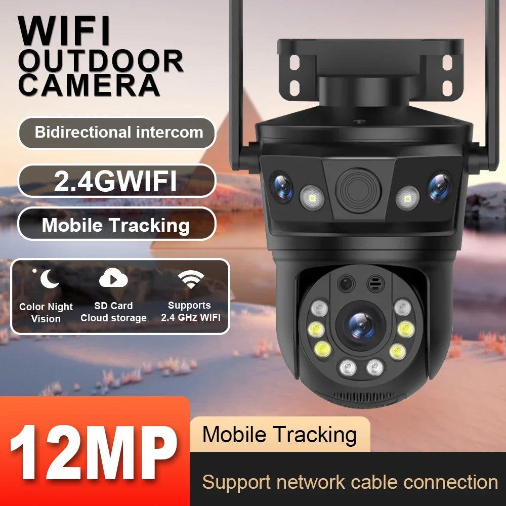 6K 12MP WIFI Camera Triple Lens Triple Screen Outdoor 10x Zoom PTZ