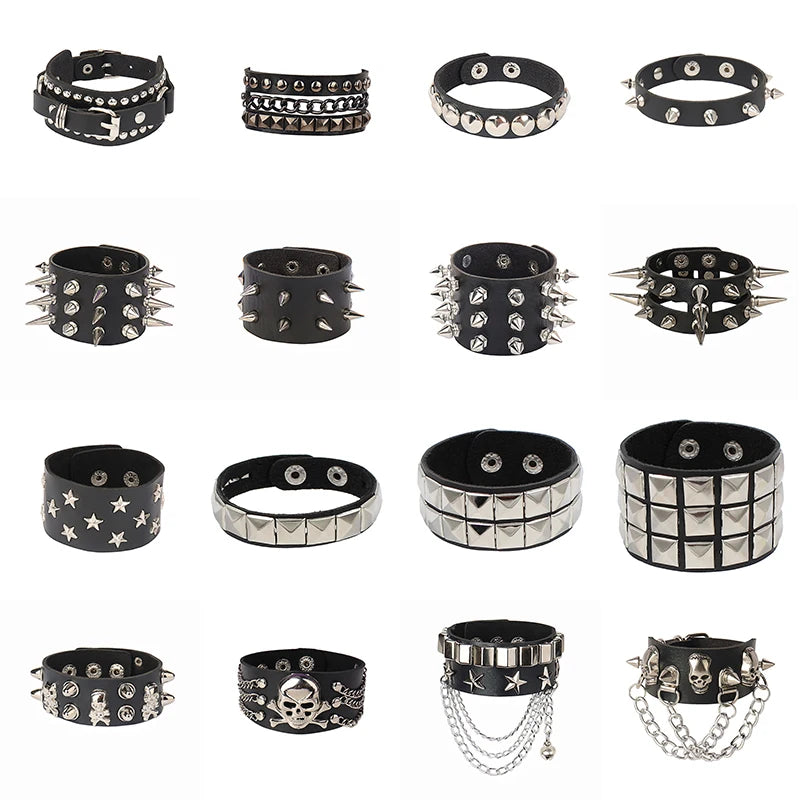 2022 PU Leather Studded Bracelet Punk Bracelet Adjustable Goth Cuff