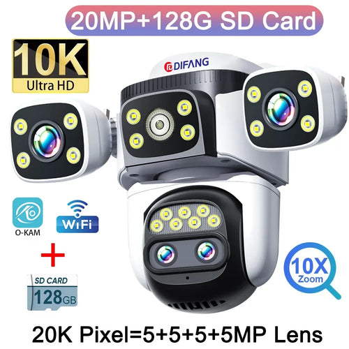 10K Outdoor 10X Optics Zoom WiFi6 Camera 20MP Four Screen Four Lens