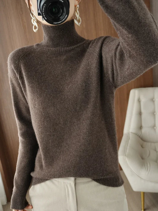 Fashion Basic Autumn Winter  Merino Wool Sweater Mock Neck Cashmere