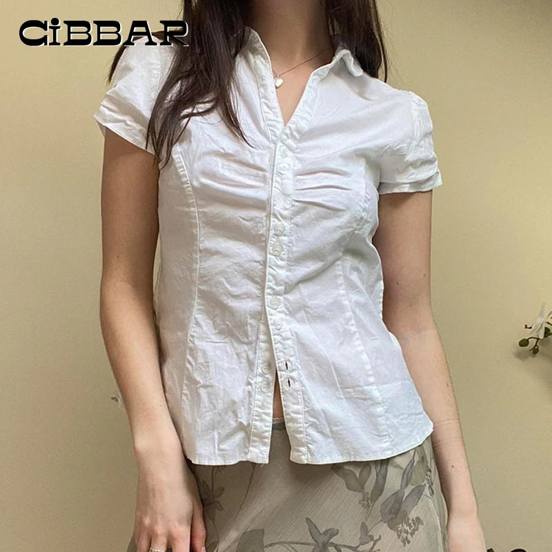 CIBBAR Vintage Folds Crop Top White Button Up Short Sleeve Blouse