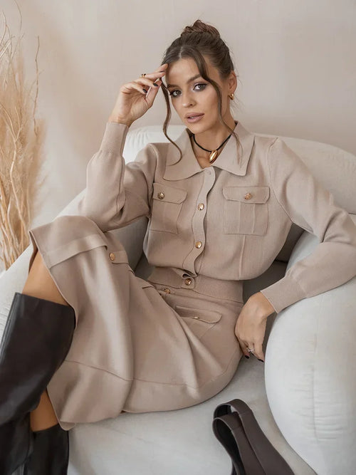 2024 Autumn Winter Elegant Knit Blazer Skirt Set Women Black White