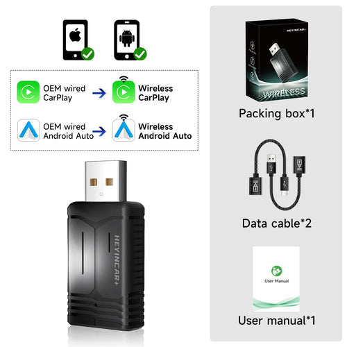 2024 NEW HEYINCAR 2in1 Wireless Android Auto Adapter Carplay Wireless