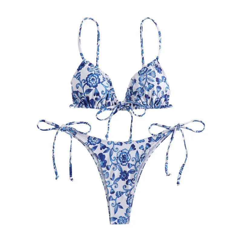 sexy floral print micro bikini blue and white porcelain bikini