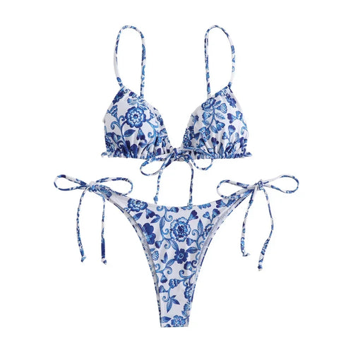 sexy floral print micro bikini blue and white porcelain bikini