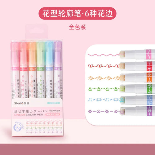 6Pcs/Set Kawaii Flower Line Shape Highlighter Pen Roller Tip Curve