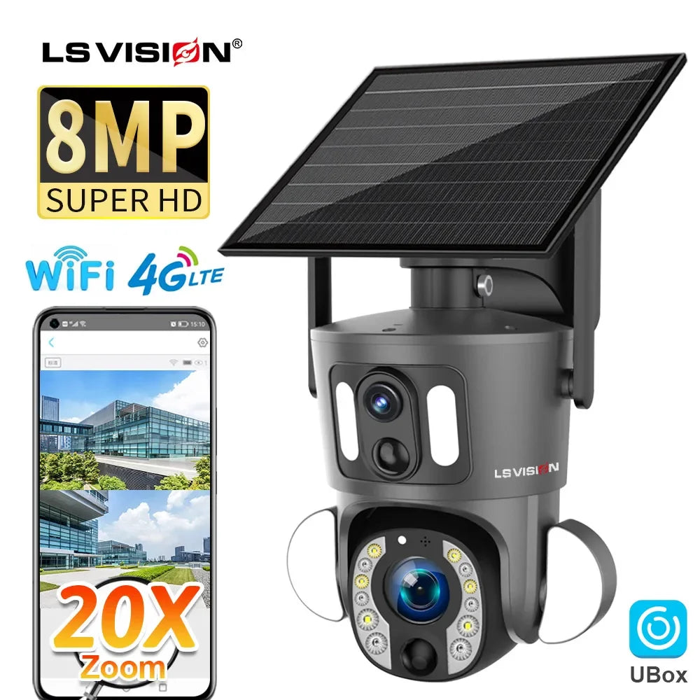 LS VISION 8MP 20X Optical Zoom Dual Screen 4G Sim Solar Camera 4K WiFi
