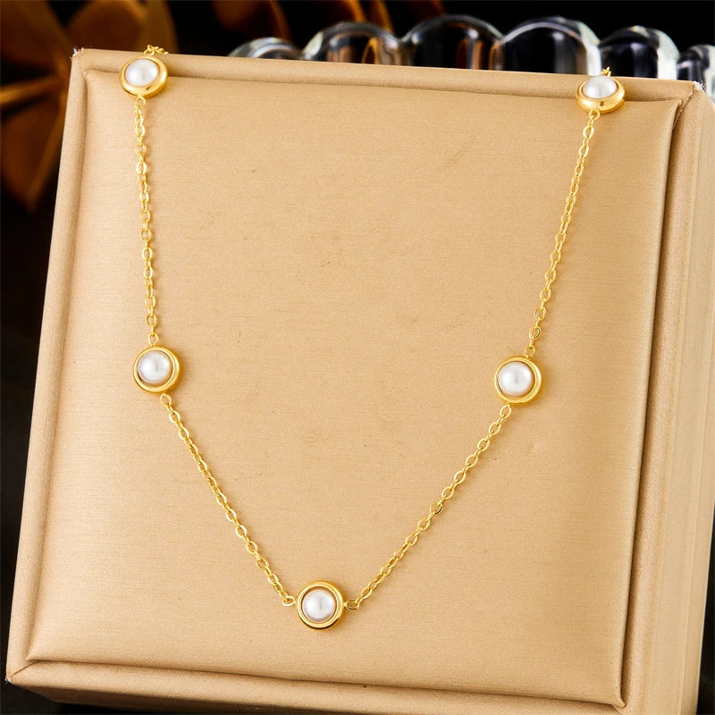 DIEYURO 316L Stainless Steel Round White Pearl Necklace Bracelet