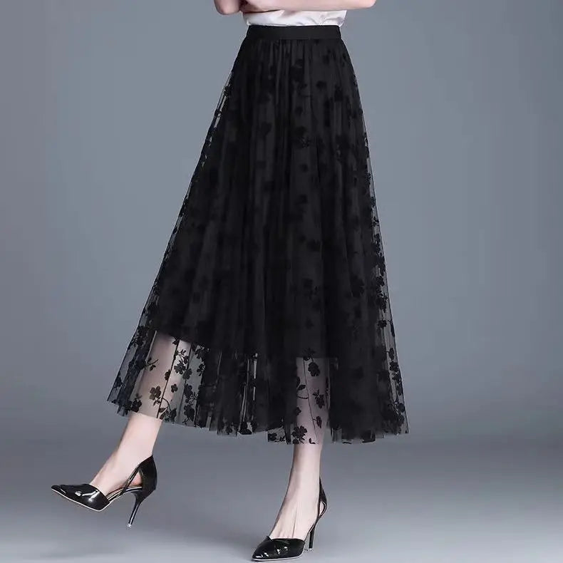 Korean Women Tulle Skirt Fashion Summer Hook Floral Loose Midi Skirt