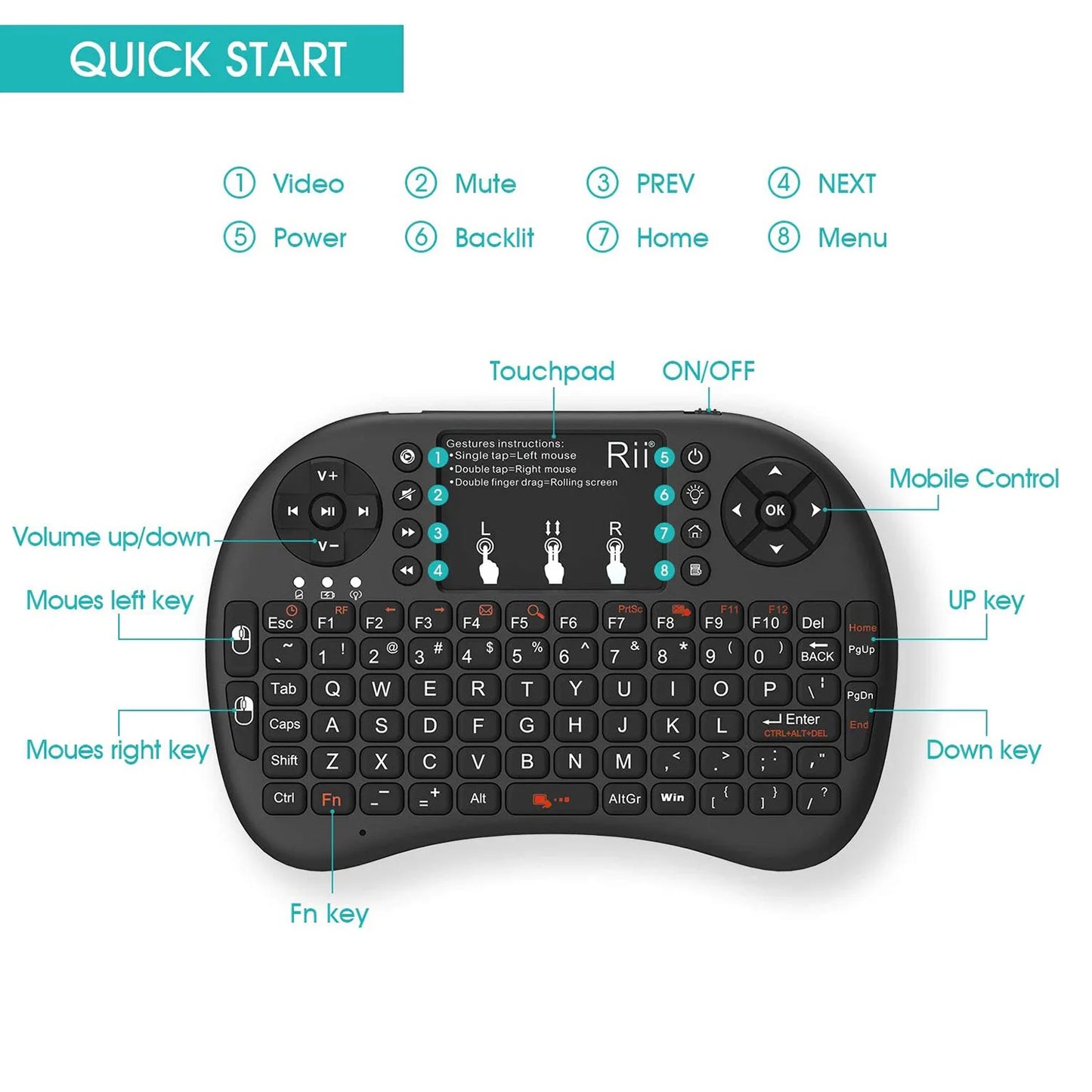 Rii i8+ Mini wireless keyboard 2.4GHz Wireless Keyboard with TouchPad