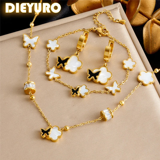 DIEYURO 316L Stainless Steel White Beihua Black Butterfly Necklace