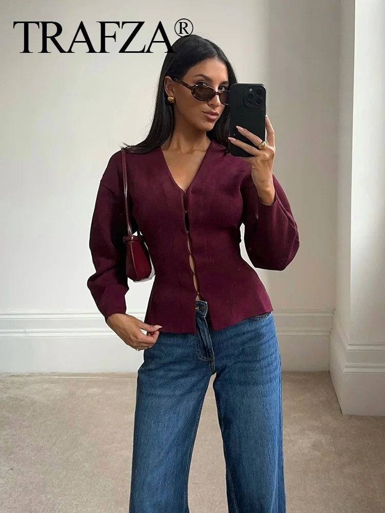 TRAFZA Women Elegant Knitted Coats Fashion Burgundy Red V-neck Slim
