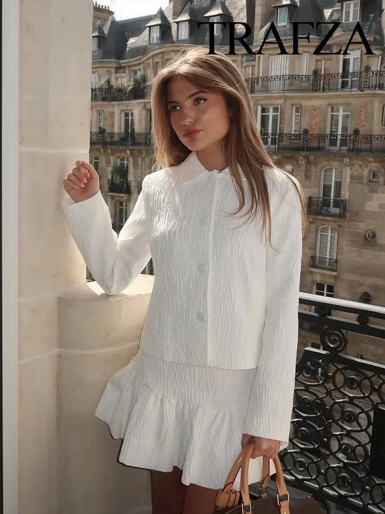 TRAFZA Spring Fashion Women Suit White Turn-Down Collar Long Sleeves