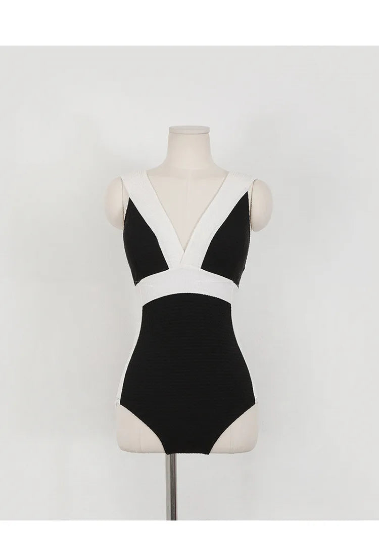 Sexy V-Neck Chic Swimwear 2023 Women Black and White Patchwork Push Up