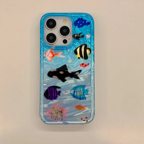 Korean Ins Ripple Texture Aquaria Lovely Fishes Case for iPhone 16 15