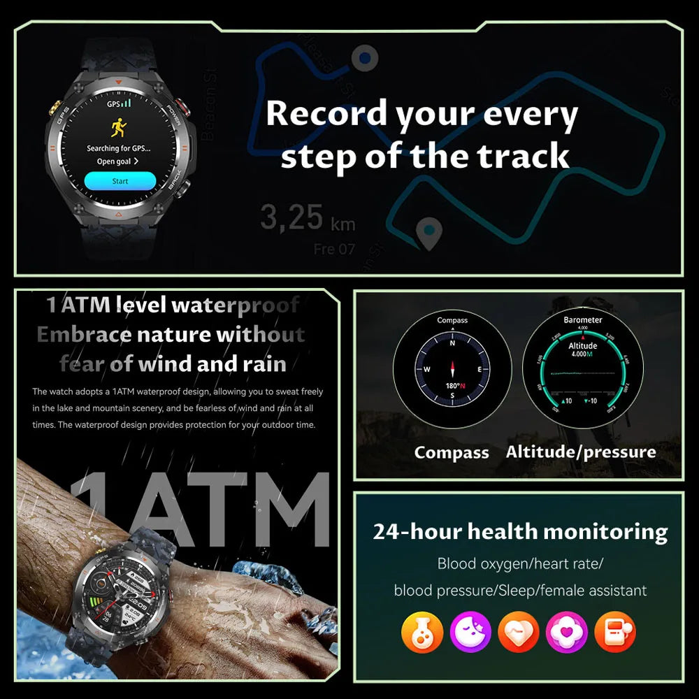 For Huawei Xiaomi GPS Outdoor Military Smart Watch Men 5ATM Waterproof