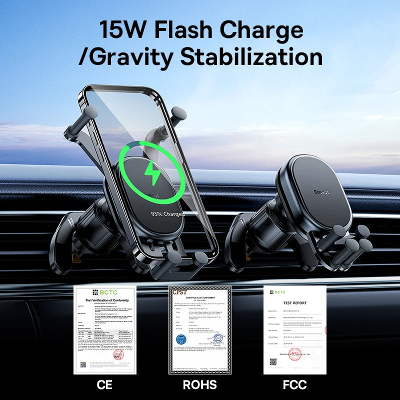 Baseus 15W Car Phone Holder Wireless Charging Stand Air Vent Gravity