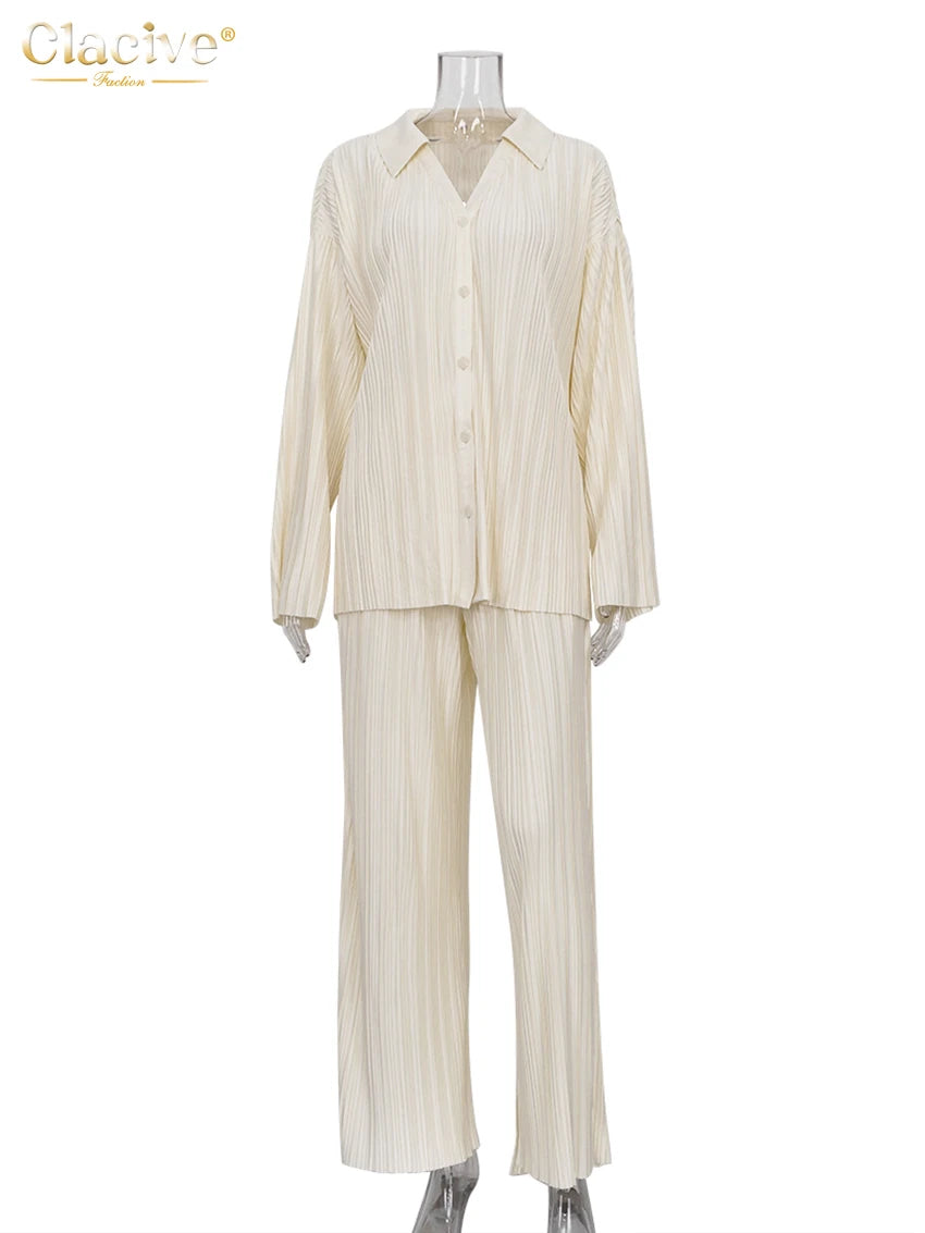 Clacive Fashion Long Sleeve Blouses Womens Two Peice Sets Casual Loose