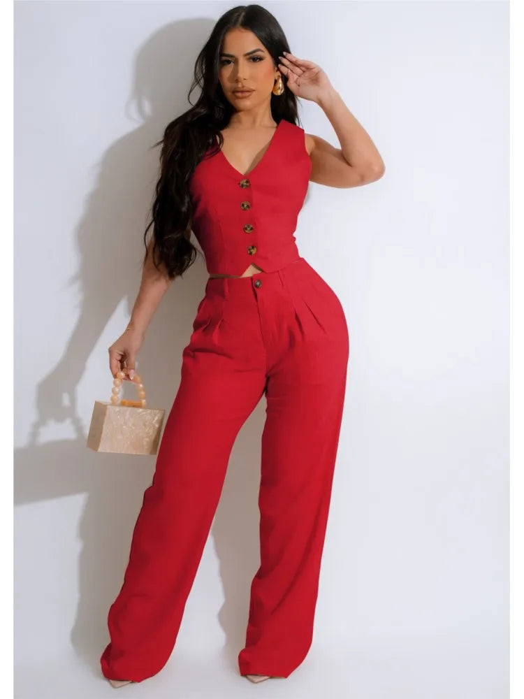 Fashion Sleeveless Vest Pants Women Solid Color Suit Spring Summer V