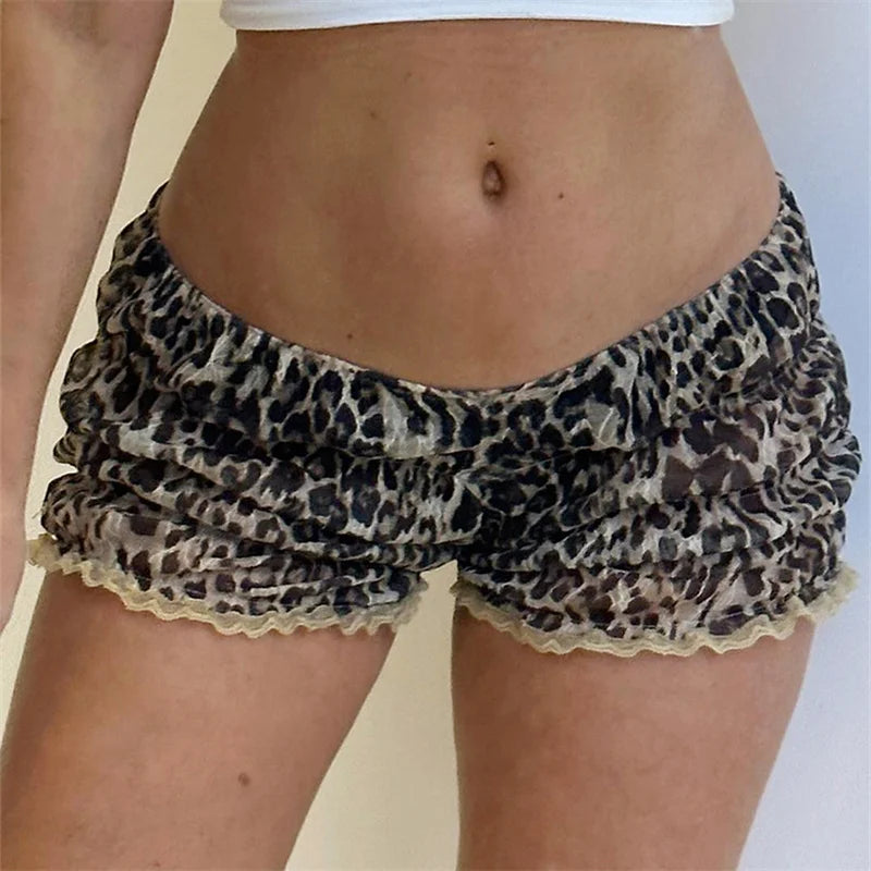 Retro Y2K Women Kawaii Leopard Printed Shorts Ruffle Vintage Cottage