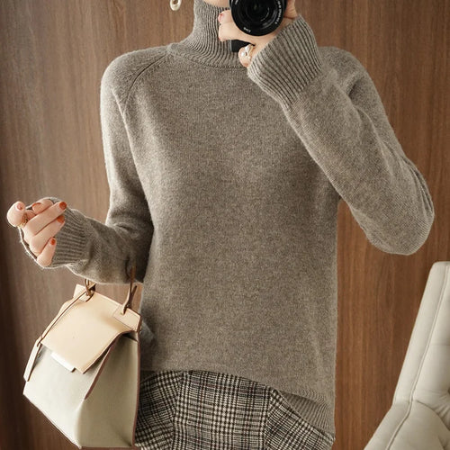 Fashion Basic Autumn Winter  Merino Wool Sweater Mock Neck Cashmere
