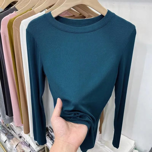 Autumn Office Lady Basic O-Neck Slim T-Shirt Women Solid Multi Color