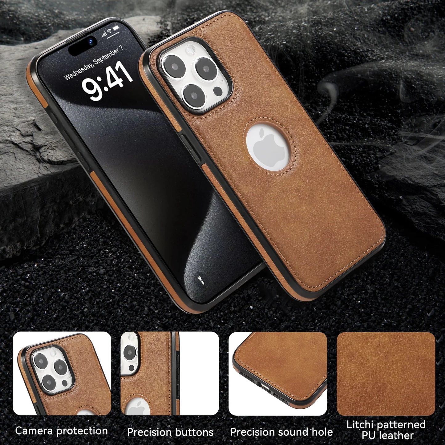 PU Leather Logo Hole Phone Case For iPhone 16 15 14 13 12 11 Pro Max