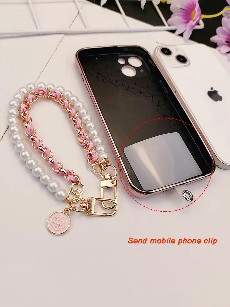 26cm Leather Pearl Camellia Mobile Phone Charm Bracelet Chain