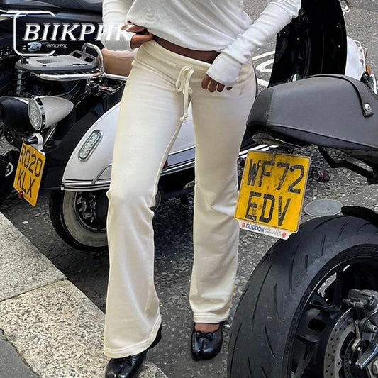 BIIKPIIK Turndown Waist Drawstring Straight Casual Pants For Women