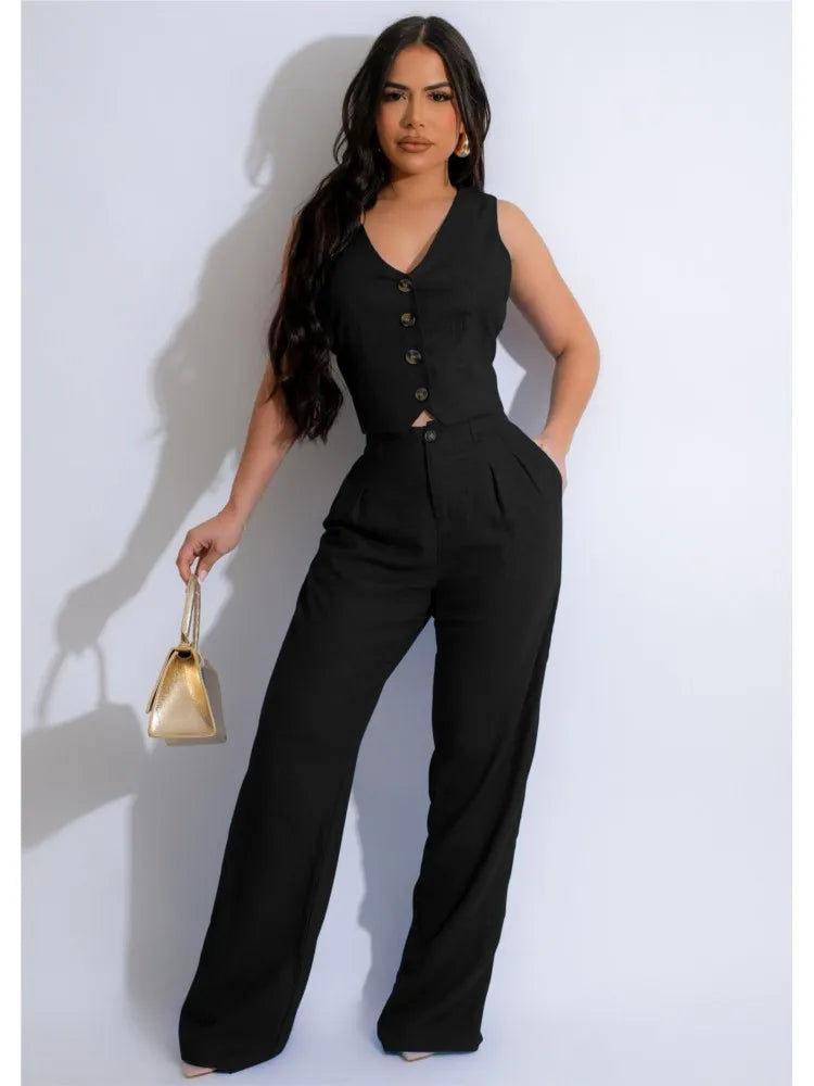 Fashion Sleeveless Vest Pants Women Solid Color Suit Spring Summer V