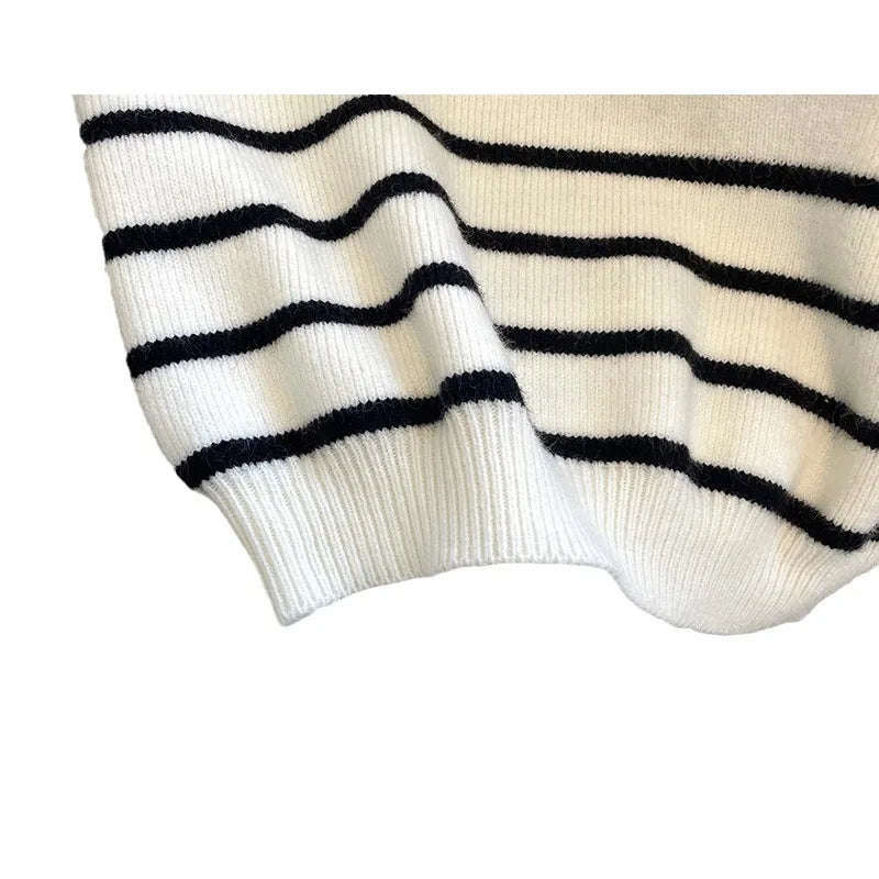 Retro lapel zipper stripe knitted waistcoat women Autumn Winter Korean