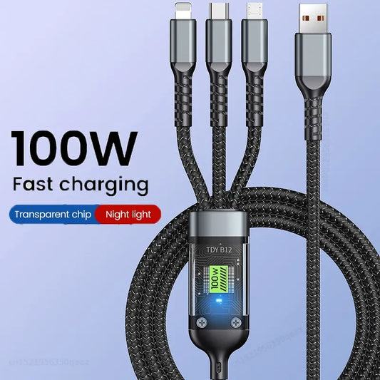 3 In 1 100w Transparent Fast Charging Cable Type C Usb Micro For