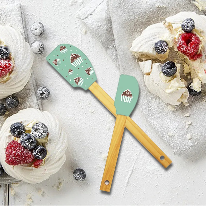 2Pcs/Set White Silicone Cream Spatula Non-stick Pastry Blenders Wood