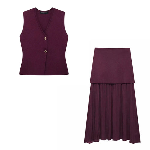 TRAFZA Women 2 Piece Set Chic V-Neck Sleeveless Button Knitted Vest