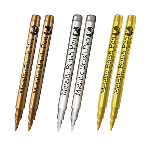 6Pcs Brush Metallic Paint Marker Pens Gold Silver Color Permanent Art