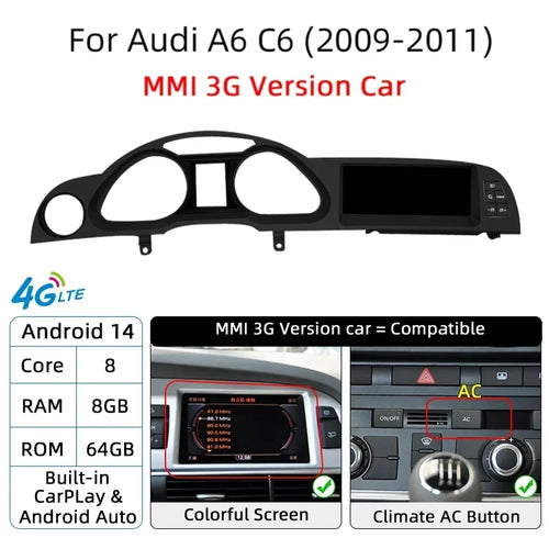 Android 14 Auto Radio CarPlay For Audi A6 C6 4f  For Audi Q7 4L