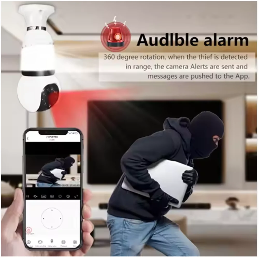 5MP E27 Bulb Camera Wifi Surveillance with LED Bulb HD PTZ 8X Zoom