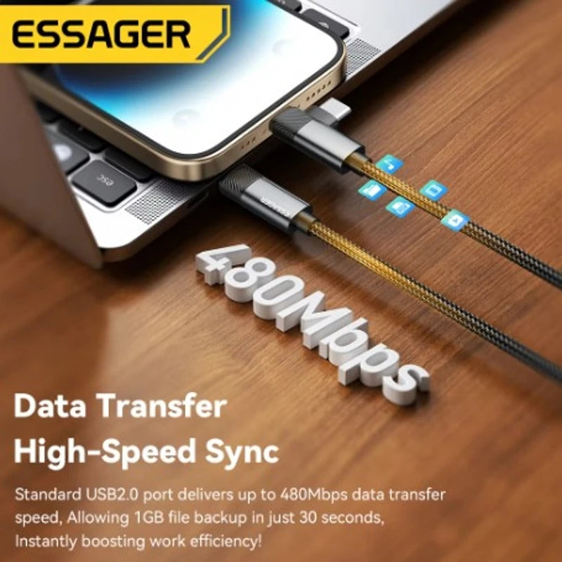 Essager 2 in 1 USB Type C Cable 65W PD Fast Charging Wire Type C To