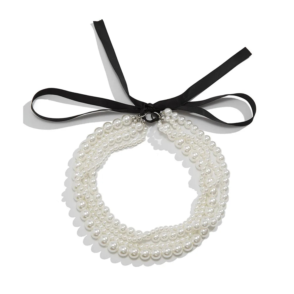 Elegant Imitation White Pearl Multi-layer Long Black Ribbon Choker