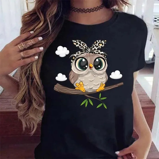 Cartoon Owl Print T Shirt Women Kawaii Graphic Shirts Casual Short